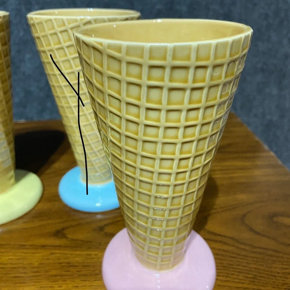 Vintage Set of 3 Ceramic Waffle‎ Cone Ice Cream Cups Dessert Dishes Pastel Japan